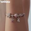 WOSTU Real 925 Sterling Silver Pink Charms Bear Strawberry Heart Beads Fit Original Bracelet Enamel Fine Jewelry Gift For Girl