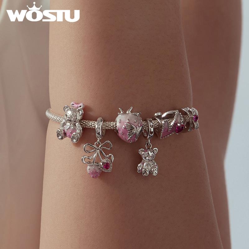 WOSTU Real 925 Sterling Silver Pink Charms Bear Strawberry Heart Beads Fit Original Bracelet Enamel Fine Jewelry Gift For Girl