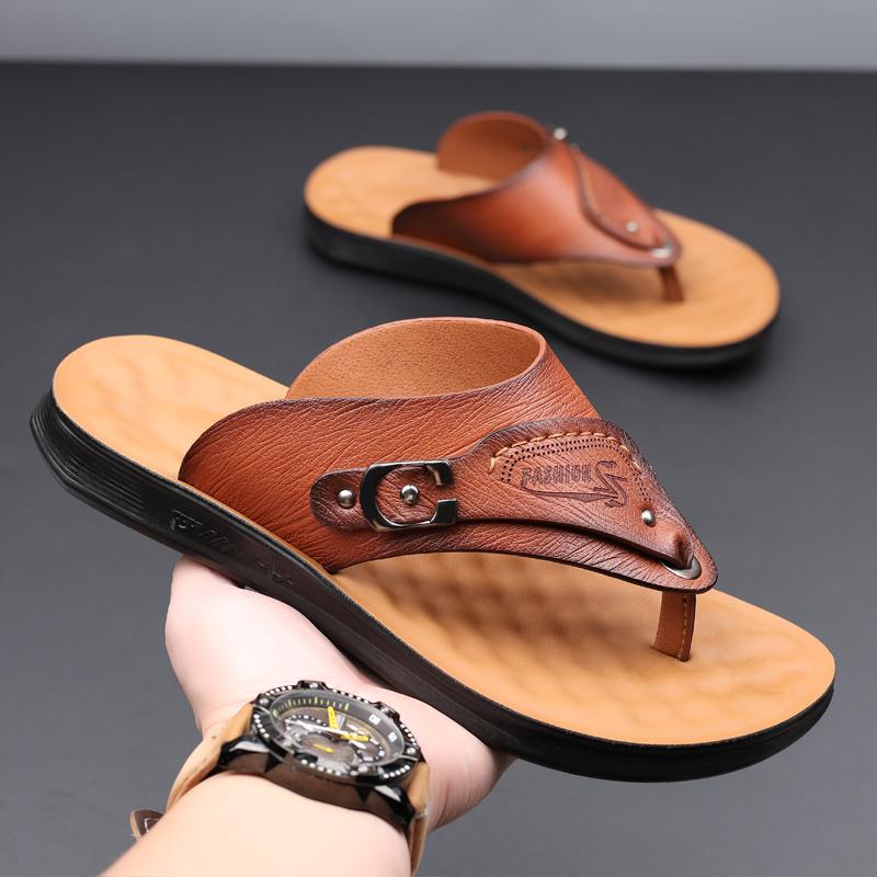 Fashion Summer Handmade Leather Slippers Trendy Fashion Men's Flip-flops Thick Soled Outdoor Breathable Comfortable Simple Men Slippers