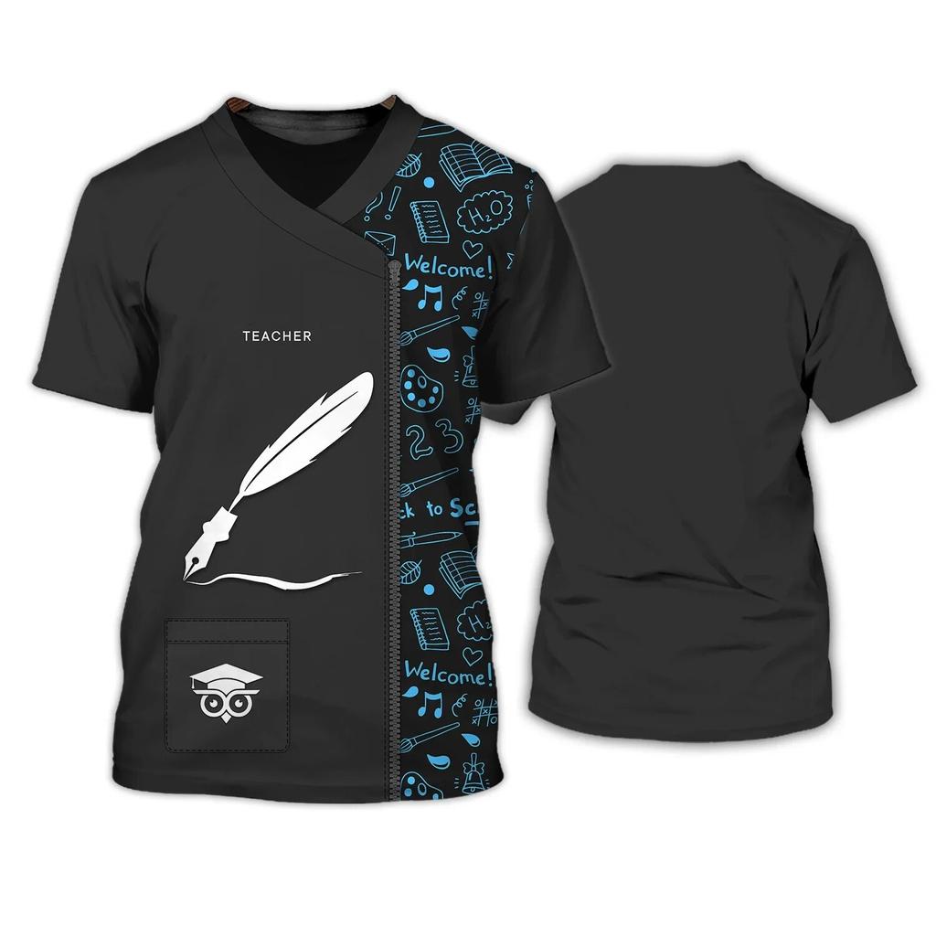 Lehrer Harajuku Uniform T-shirt Casual Oansatz Kurzarm T-shirt Brief Druck Pullover Super Große Arbeitskleidung frauen Top 2023