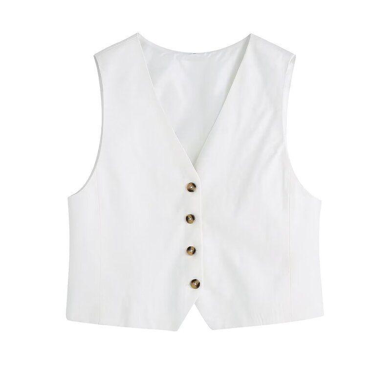 Fashion Wind White V-neck Short Vest Pants Linen
