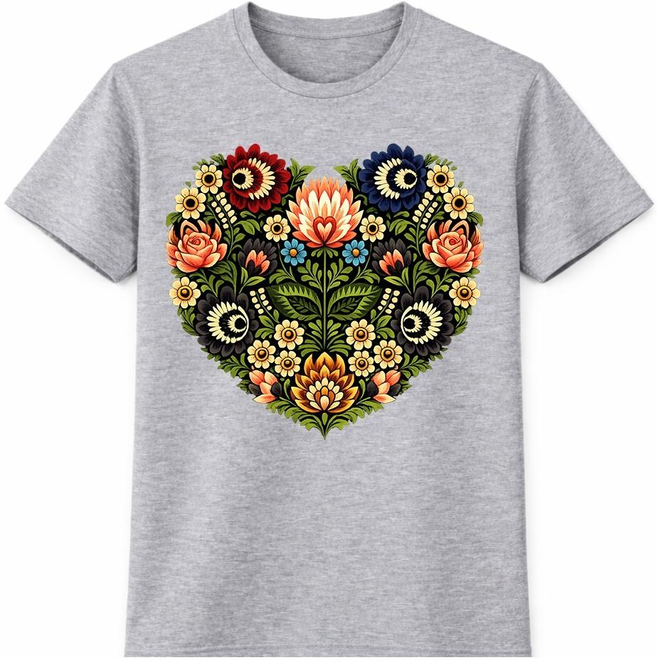 Folk Art Heart Graphic T-Shirt Botanical Floral Flower Design Gift Tee