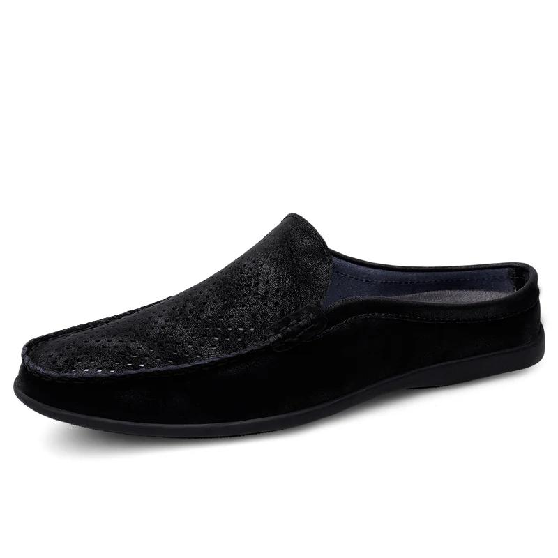 

Мужские повседневные кожаные туфли-лодочки Мужские лоферы Туфли с перфорацией Летние новые полушлепанцы Ленивые слипоны Туфли-мюли Мужской британский стиль 44 чёрный