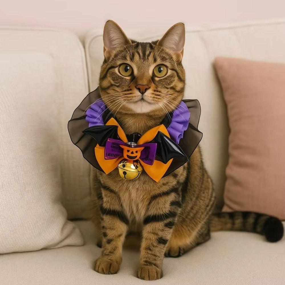 Soft Material Halloween Pet Collar With Bell Dog Pumpkin Collar Adorable Pet Bow Tie For Cats