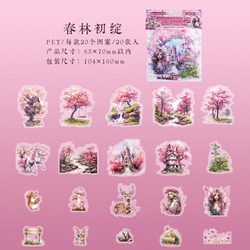 PET Sticker Pack 20 Sheets 6 Designs Forest Rhythm Four Seasons Landscape Theme for Journal DIY Decoration Multicolor