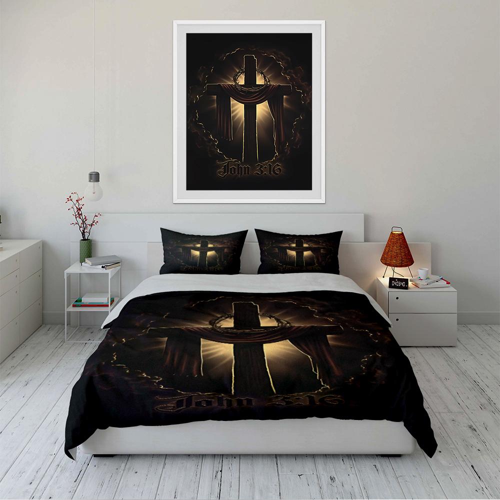 Christian Cross with Crown, "John 3:16" Design Bedding set (1 duvet cover, 2 pillowcases, duvet not included)