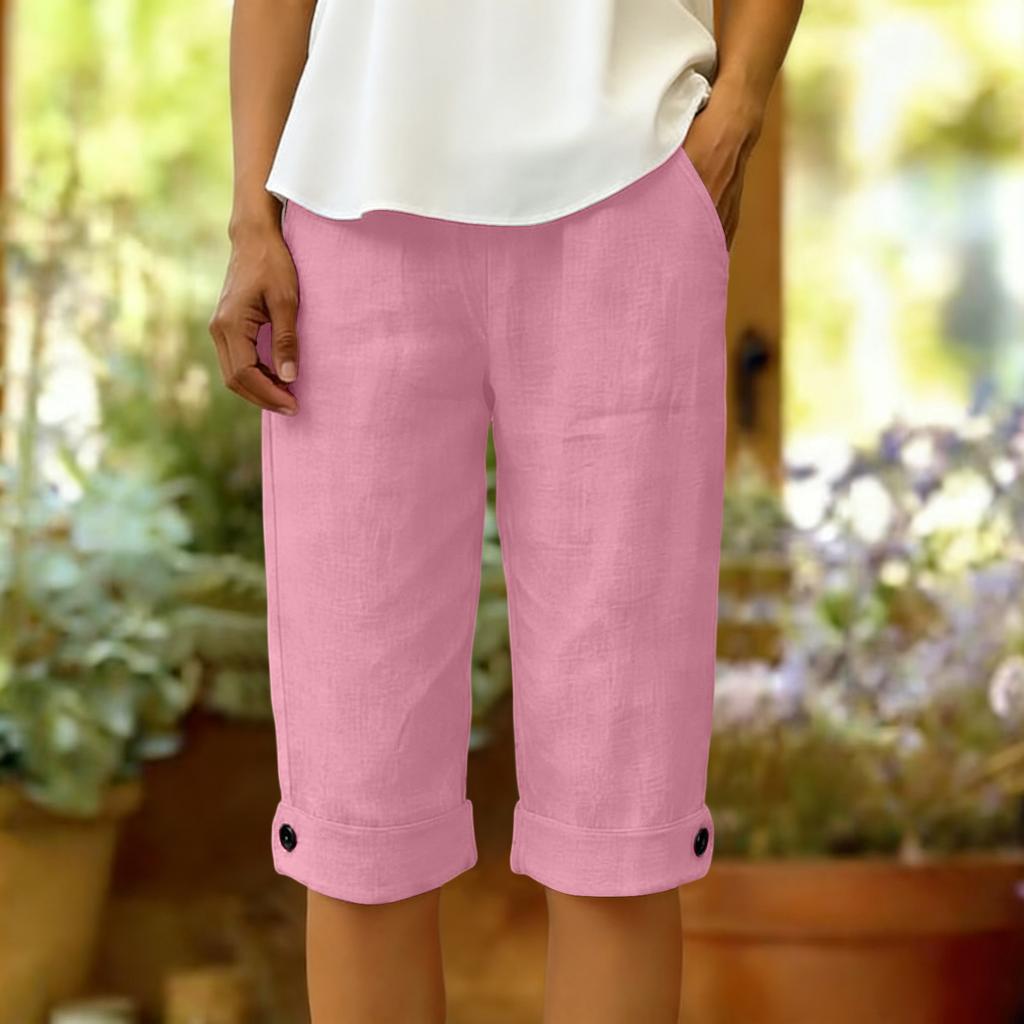 Women's Summer Fashion Color Elastic Waist Cotton Linen Five Quarter Pants Casual Loose Rolled Edge Pocket Shorts