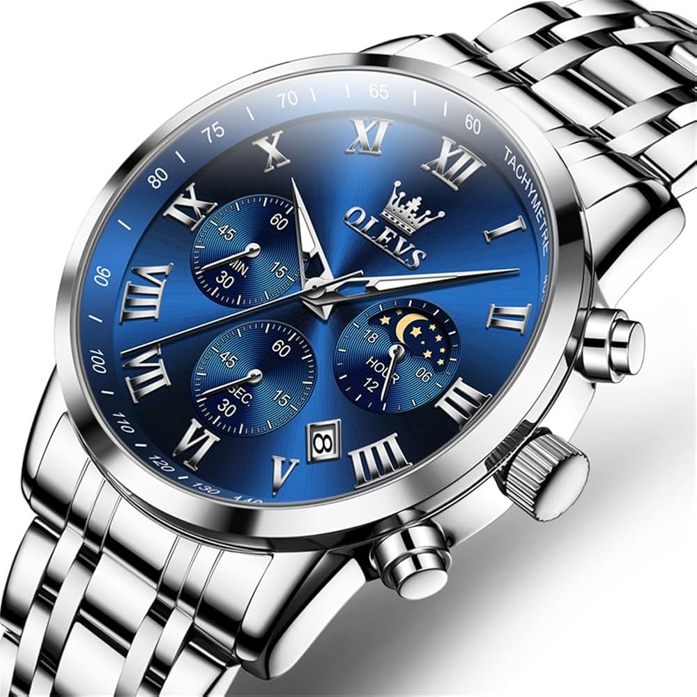 OLEVS Men's Classic Quartz Watch Stainless Steel Band Waterproof Analog Date Night Vision Fashion Timepiece