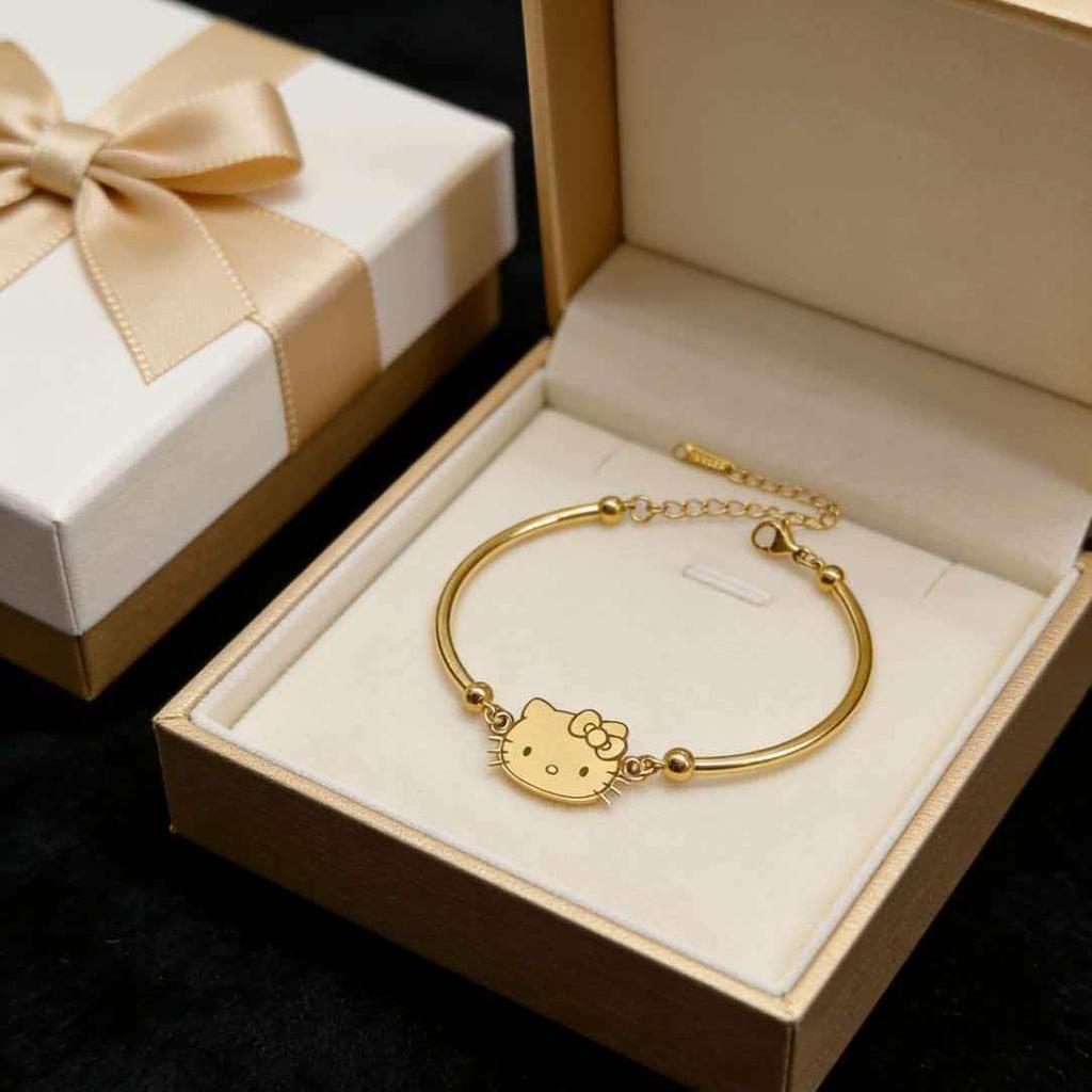 Real Gold Plated Stainless Steel KT Cat Bracelet - Light Luxury, Fade-Resistant, Cute Cartoon Design