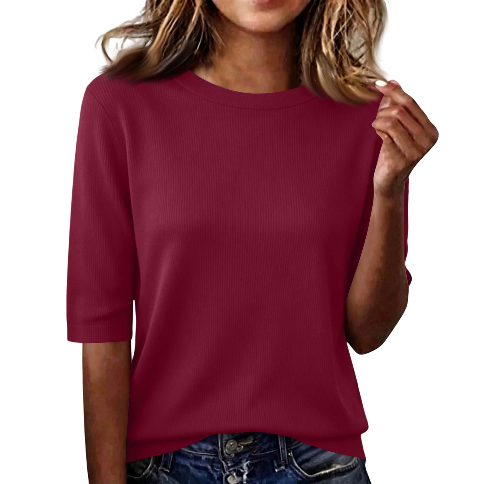 Loose Fit Ribbed Knit Top Women Half Sleeve Pullover Lightweight Summer Casual Round Neck Shirt S