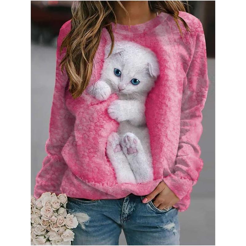 Cute Cat Print Long Sleeved Round Neck Pullover Plus Size Comfortable Casual Loose Women's Pullover
