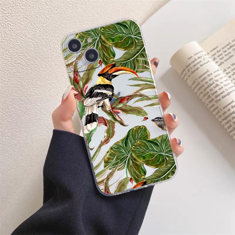

Monstera Leaves Palm Tree Flower Bird Clear Phone Case for iPhone 15 14 13 11 12 Pro Max Mini XS XR X 8 7 Plus Transparent Shell iphone 13Mini