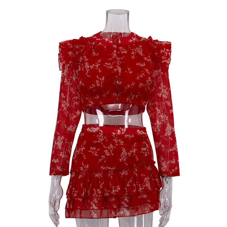 

women s Ruffle Floral Print Long Sleeve Crop Top High Waist Layered Mini Skirt Two Piece Outfit Set S красный