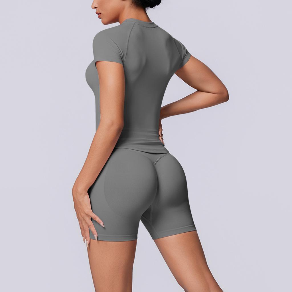 European and American seamless solid color breathable tight high elastic short-sleeved shorts set sports running fitness yoga clothes women