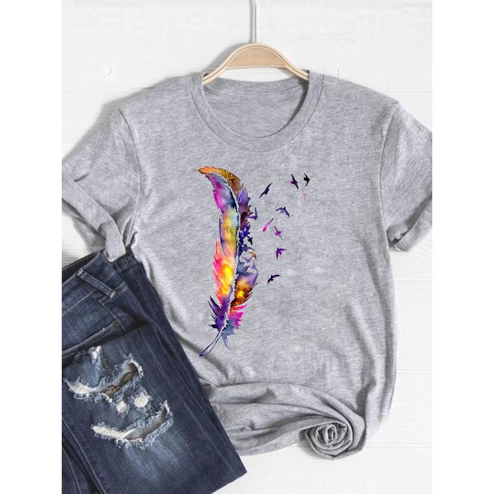 Print T Shirt Short Sleeve Flower Vintage Cute 90s Summer Top Fashion Clothes Women Clothing Gray Basic Tee Graphic T-shirt