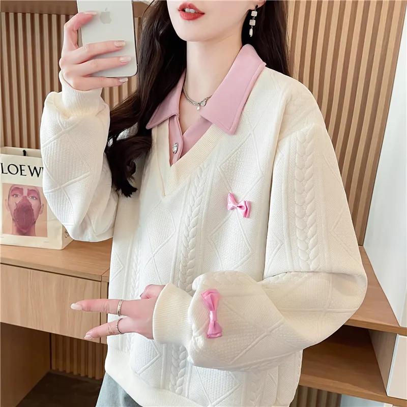 Women's Decor Polo Knit Sweater Loose Long-Sleeve Casual Pullover Hoodies