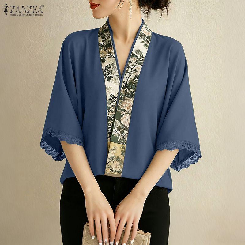 

ZANZEA Womens Print Casual Half Sleeve Cardigan Cover Up Blouse XL темно-синього кольору