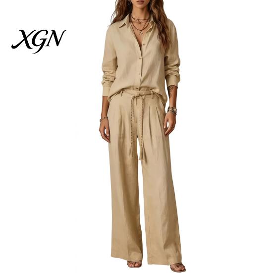 French Style Clothing Women Loose Casual Shirt Pants Set, Button Down Collar & Wide Summer Lounge Sets Leg Pants, Solid Color Matching Two Piece