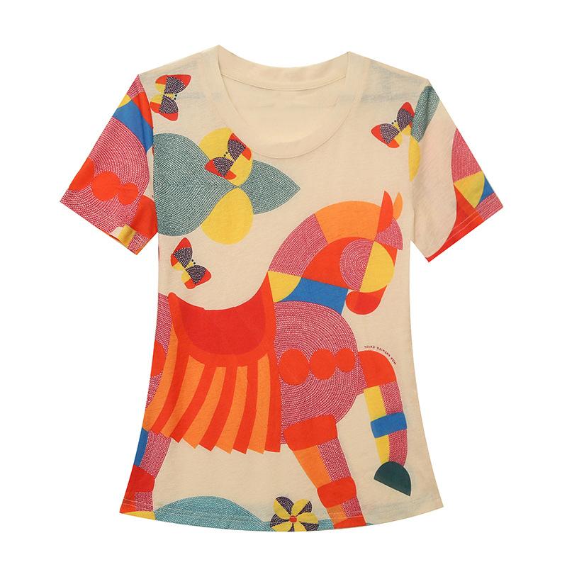 Qooth Women S-3XL Size Short Sleeved Printed Animal Shirt Temperament Fashion Slim Round Neck Pullovers Top QT2190