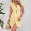Summer Party Dress Women Striped Print Button Front V Neck Ruffle Cap Sleeve A Line Mini Dress