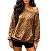 Women's Casual Round Neck Cold Shoulder Leopard Print Long Sleeve Loose Fit Sweatshirt with Pockets