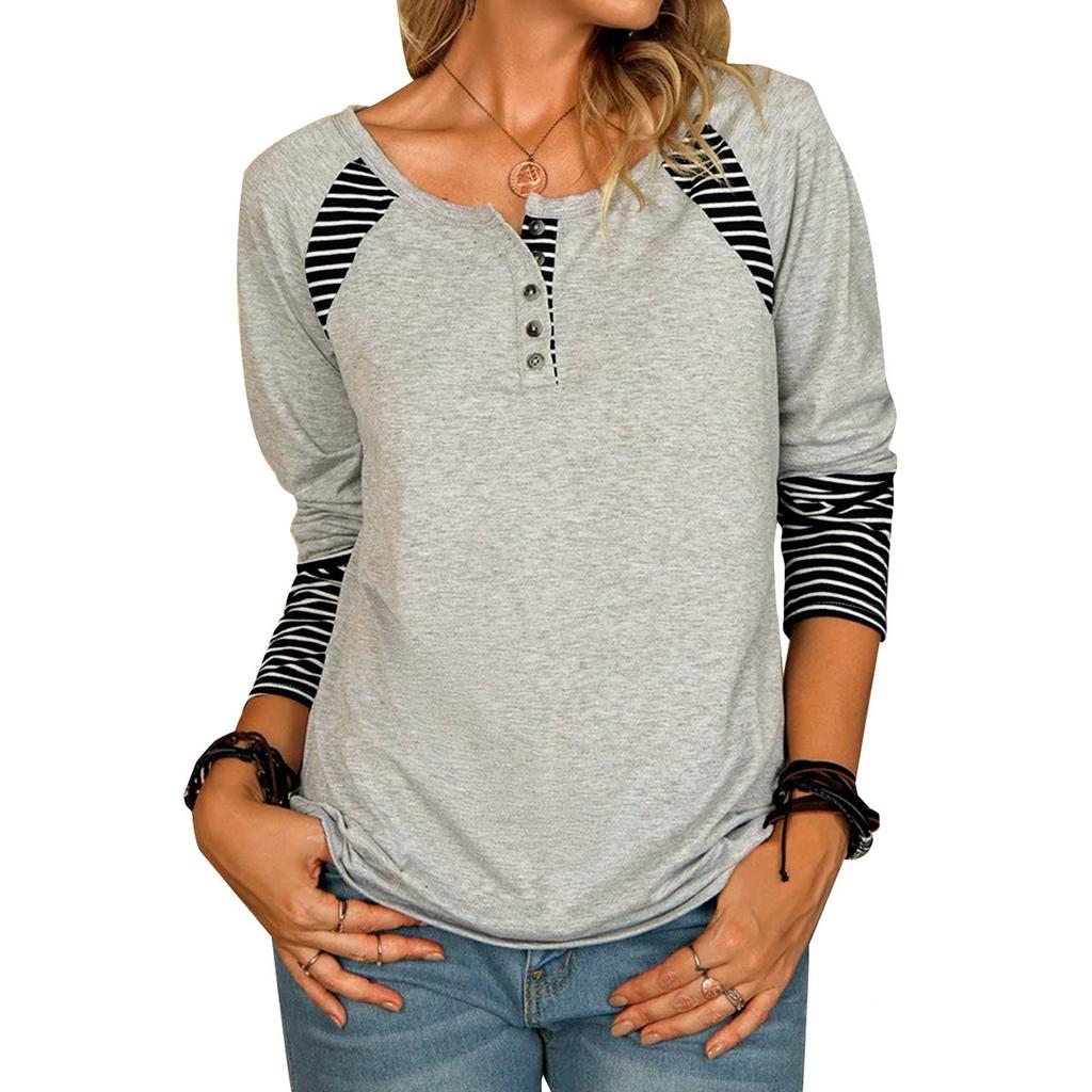 Fashion Womens Tops Casual V Neck Tunic Tops Striped Button Pullover Sweatshirt Casual T-shirt Top