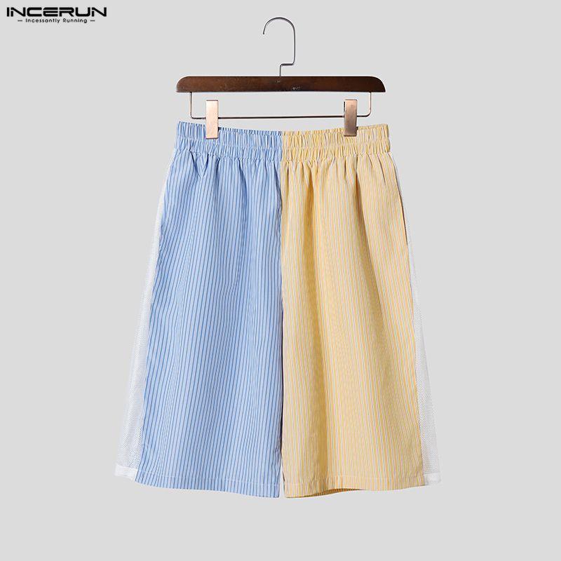 INCERUN Two Pieces Summer Men O Neck Striped Hollow Patchwork Short Sleeve Tops and Shorts Sets