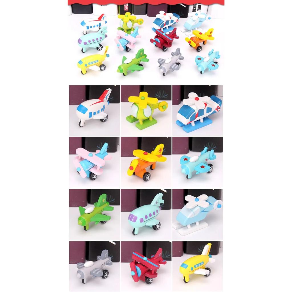 12PCS Set Mini Wooden Car Airplane Model Toy Simple Style Decoration Color Wooden Car Airplane Mini Educational Toy for Children