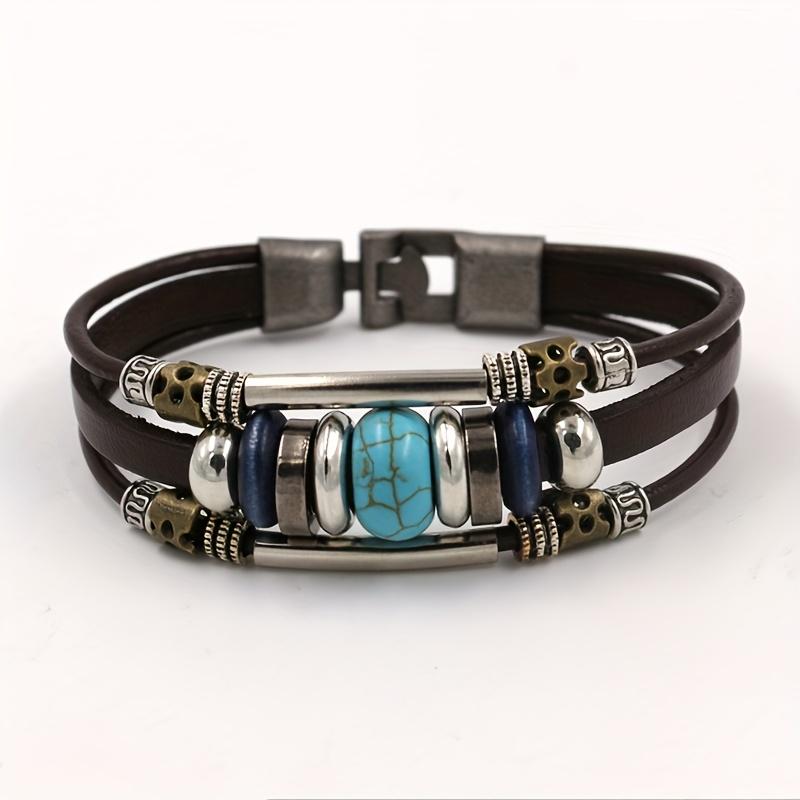 Bracelet Charm Leather Bracelet Party Gift Retro Beaded Ethnic Style Personality 1PC Multi-layer Couple Turquoise Fashion  Accessories