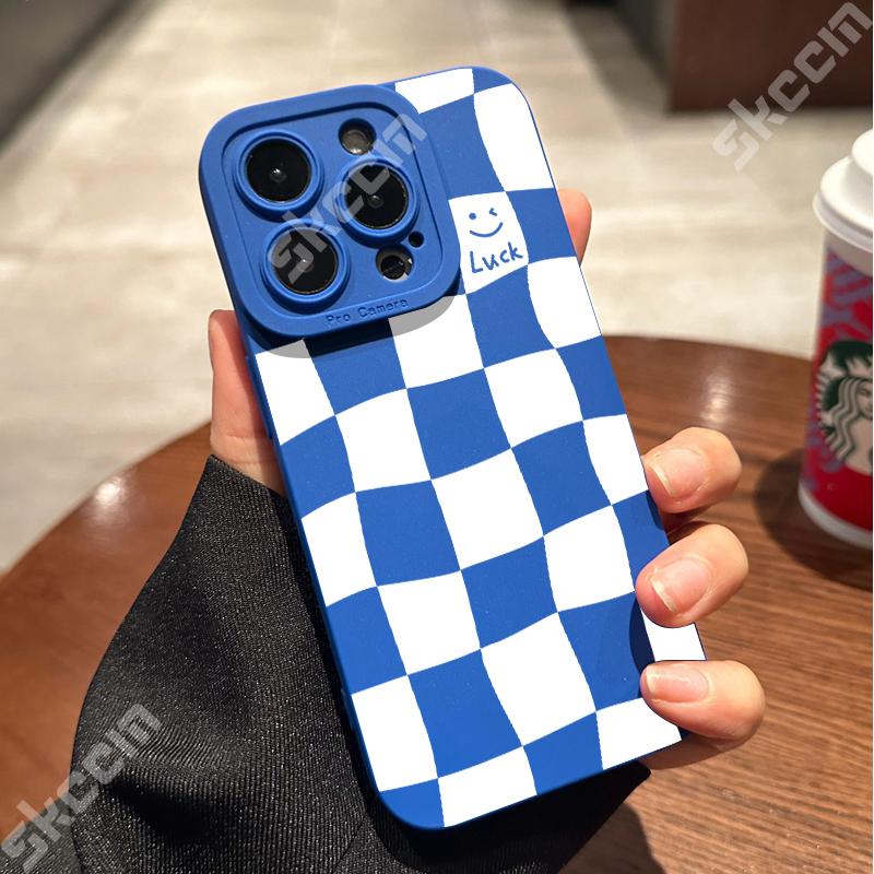 White Grid Smiling Face Print Phone Case For iPhone 16 15 14 13 12 11 Pro Max Mini 7 8 Plus X XR XS Matte Shockproof Soft Cover
