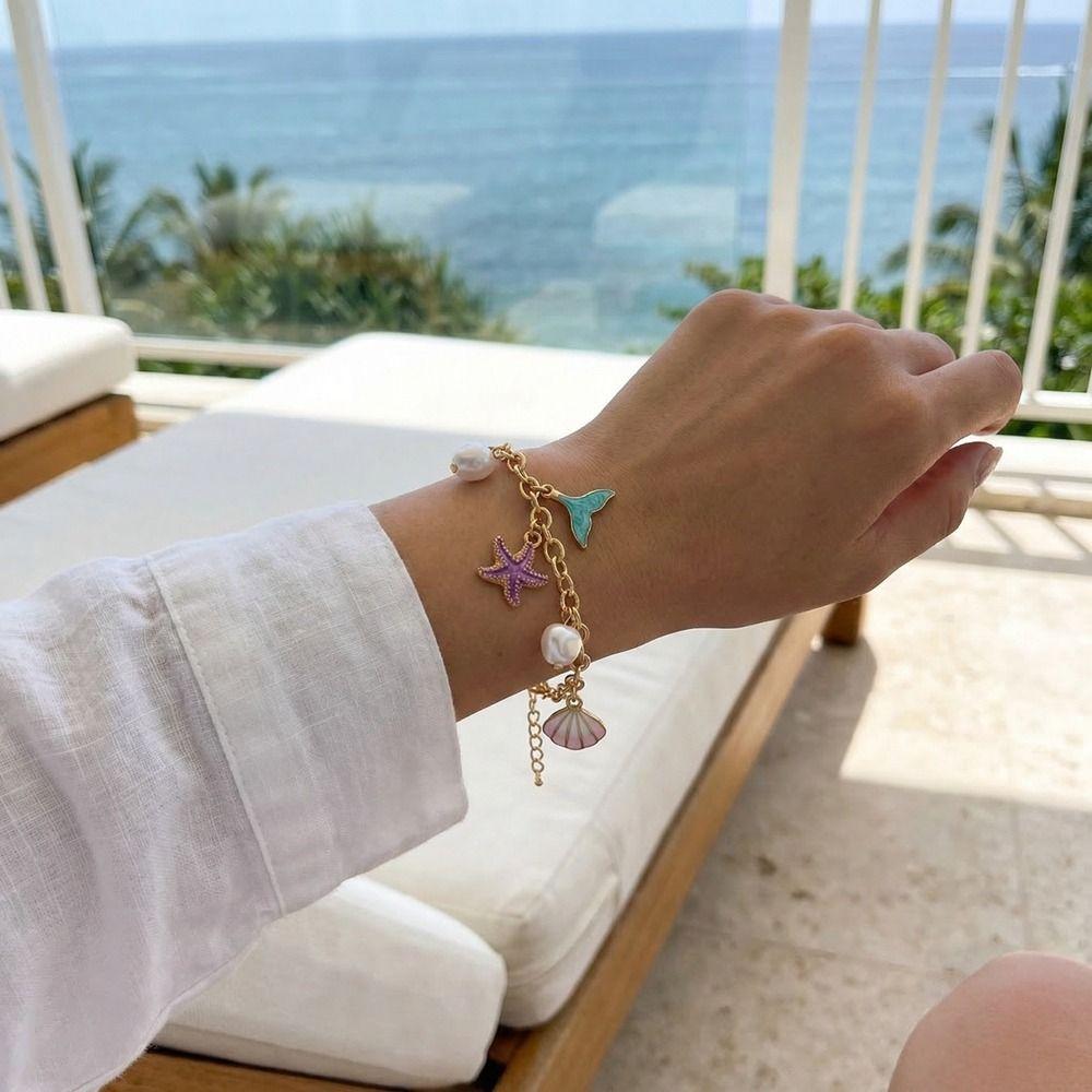 Boho Metal Gold Bracelet Pearl Bohemian Beach Jewelry Vintage Shell Starfish Bracelet  Women