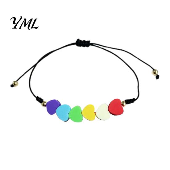 Handwoven Macaron Bead Jewelry Colorful Hearts Bracelet, Handmade Braided Cord String Adjustable Heart Shaped Clay Beads for Women Girls Stretchable