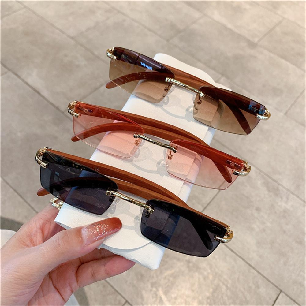 Rimless Sunglasses For Women Men Rectangle Sun Glasses Retro Trendy Wooden Frame Eyewear Outdoor Sun Protection Shade UV400