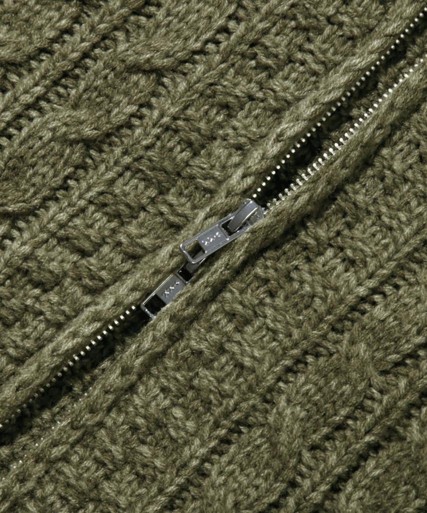 TRILLION Washable Aran Cable Hooded Zip-Up Knit (Khaki)