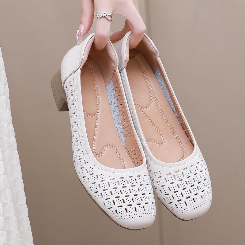 Fashion GKTINOO Genuine Leather Hollow Mom Sandals For Women 2025 New Summer Shoes Thick Heels Soft Sole Breathable Women's Shoes