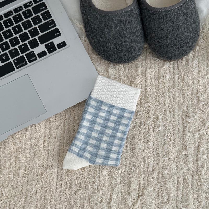 Korean Style Blue & White Plaid Mid-Calf Socks for Women - Academy Style, Perfect for Spring & Autumn, Ideal with Small Leather Shoes