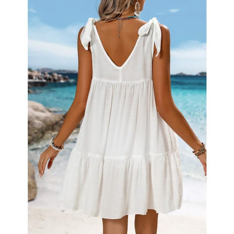 IHUASU Women's Fashion Summer Spring Solid Color Print Sleeveless U-Neck Casual Dresses