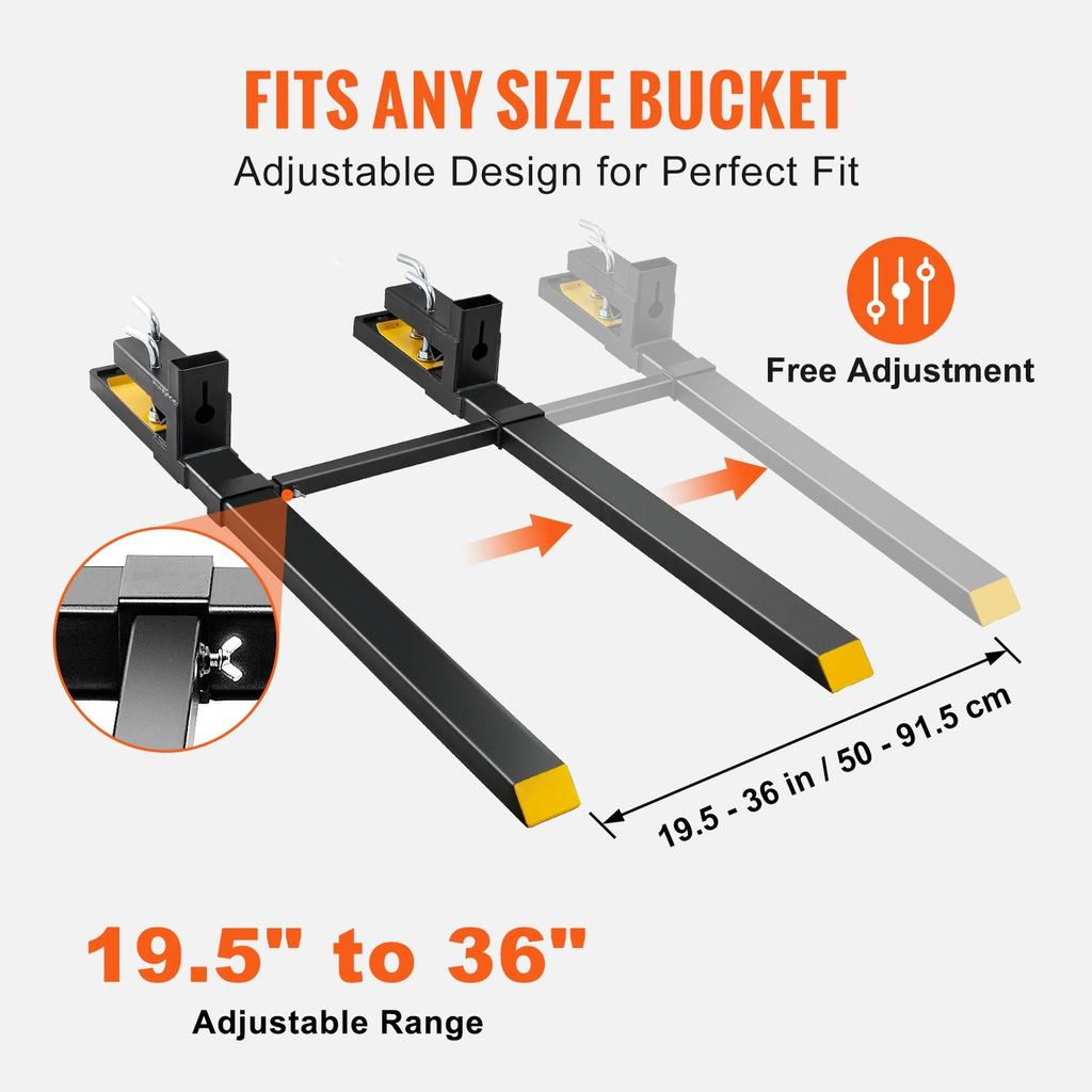 Pallet Forks, 2000 Lbs Clamp On Pallet Forks, 43" Total Length Heavy Duty Pallet Forks with Adjustable Stabilizer Bar, Tractor Bucket Forks for
