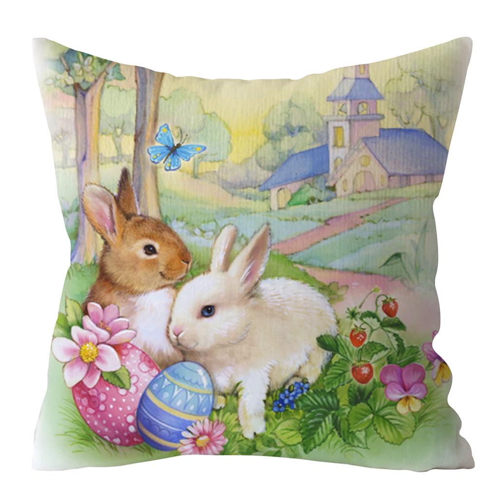 Spring Easter Home Decoration Cushion Cover Square Pillow Case Cartoon Rabbit  Egg Print