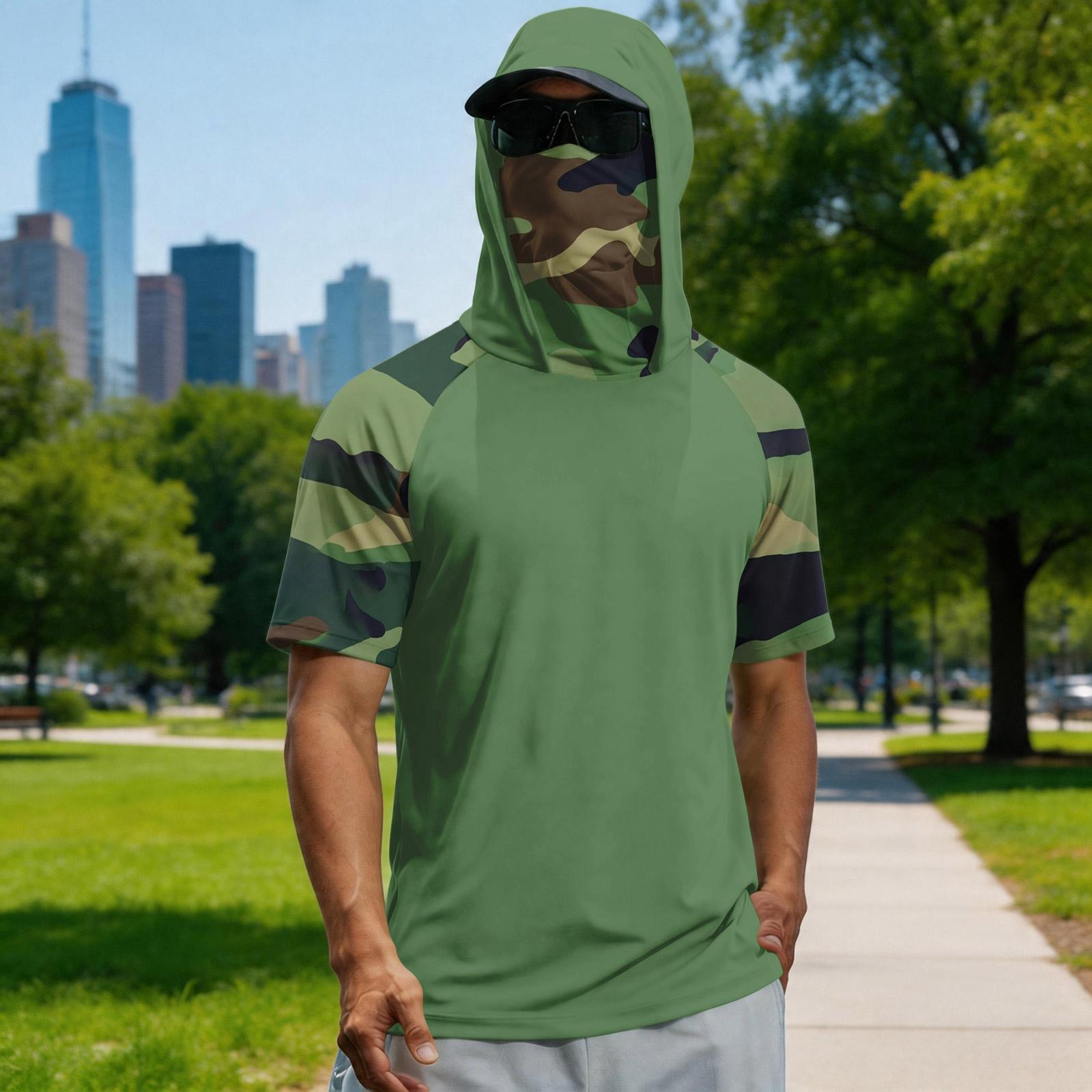 Men s summer camouflage gradient drying short-sleeved T-shirt, sun clothing, fishing, fitness, sports, hooded short-sleeved shirt XL