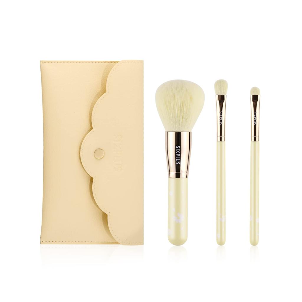 SIXPLUS Makeup Brush Set Daisy Series Powder Eyeshadow and Detail Brush with Storage Soft Pale Yellow 3-Piece - Brush, Brush, Envelope-Style Pouch,