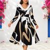Women Plus Size V Neck Faux Fur Trim Long Sleeve Blue Green Abstract Print Belted Midi Dress