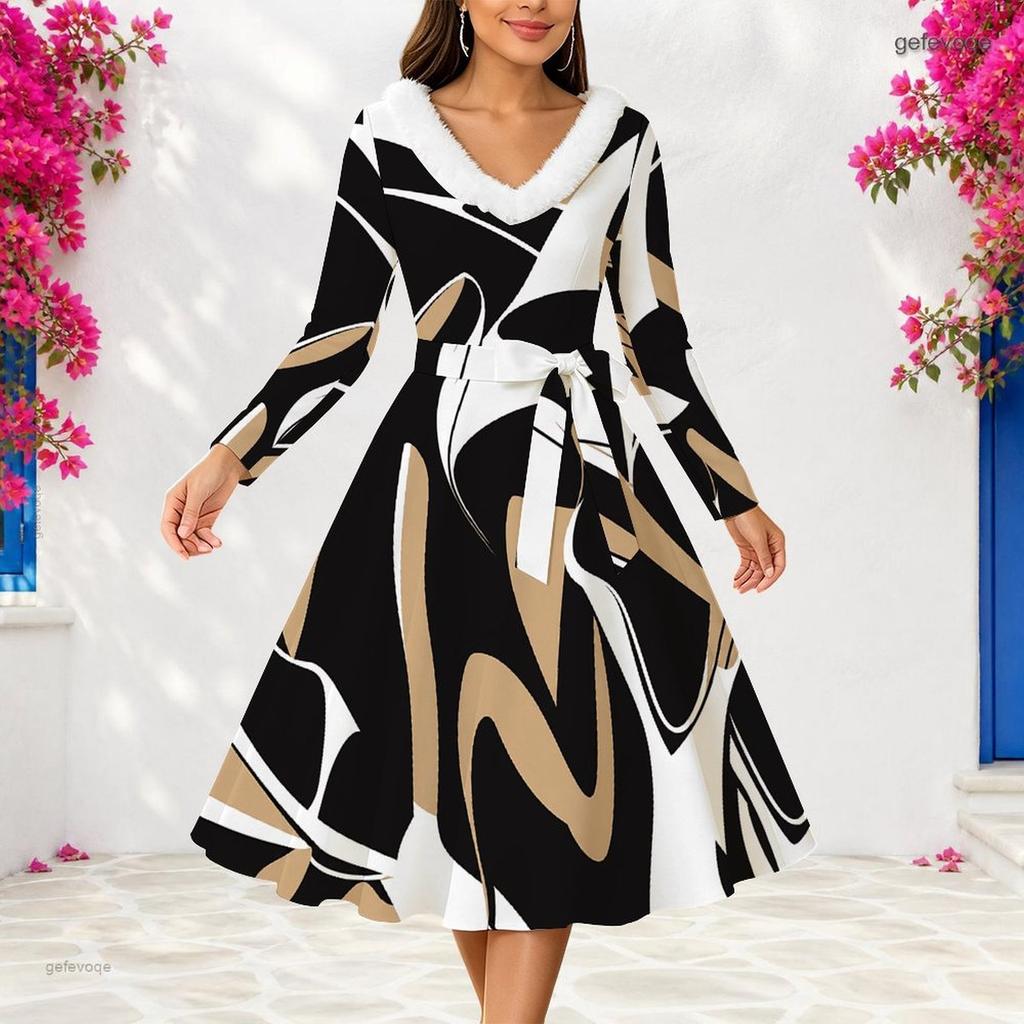 Women Plus Size V Neck Faux Fur Trim Long Sleeve Blue Green Abstract Print Belted Midi Dress