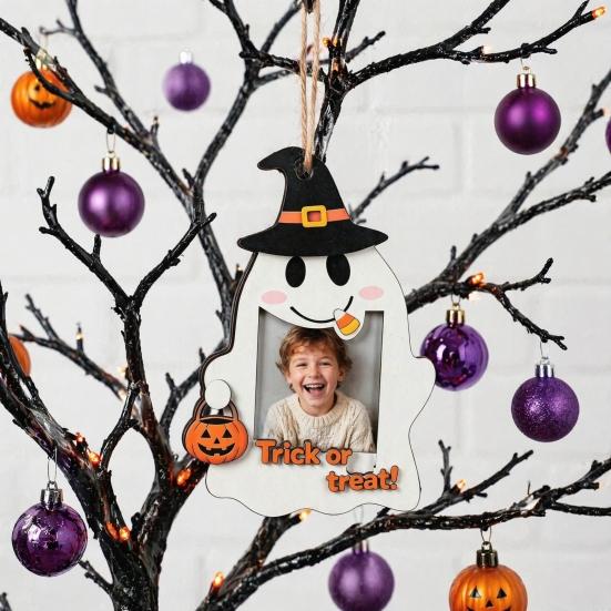 Halloween Keepsake Frame Cute Ghost Wooden Photo with Hanging Rope, Creative Family Display Picture for Holiday Party Decor And Home Wall Decoration