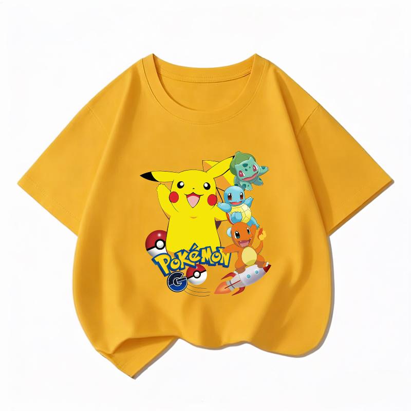 Potdemiel Kids Cotton Tshirt Cute Pikachu Cartoon Print Summer Short Sleeve Boys Girls Casual Crew Neck Tops