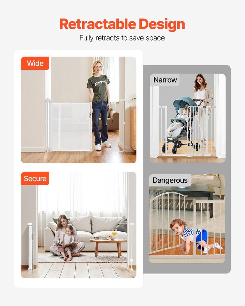 Retractable Baby Gate, 870 mm Tall, Extends up to 2800 mm Wide, Retractable Gate for Kids or Pets, Mesh Material, Easy to Install for Indoor Stairs,