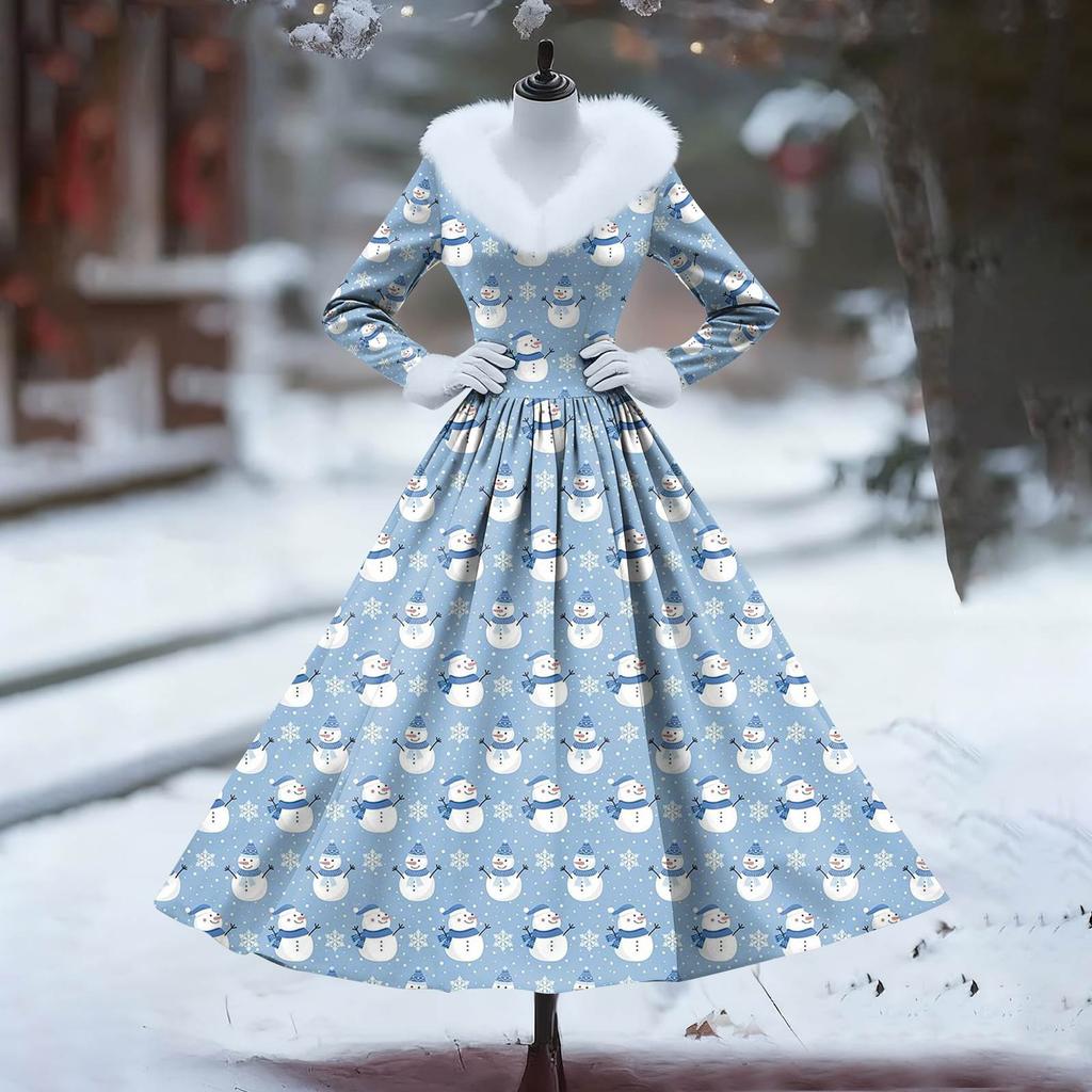 Women's Casual Dress Long-Sleeve V-Neck Patchwork Fleece Christmas Print Dress