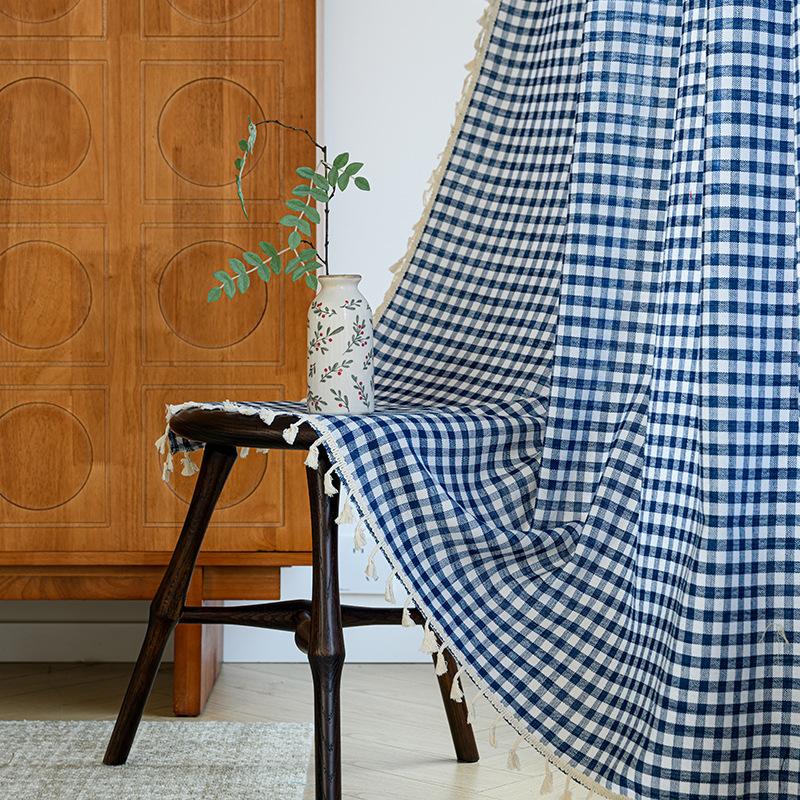 Cream Yellow Check Tassel Curtain Semi Blackout Fresh Style Ready Made for Bay Window Bedroom Balcony Kitchen 60*90cm