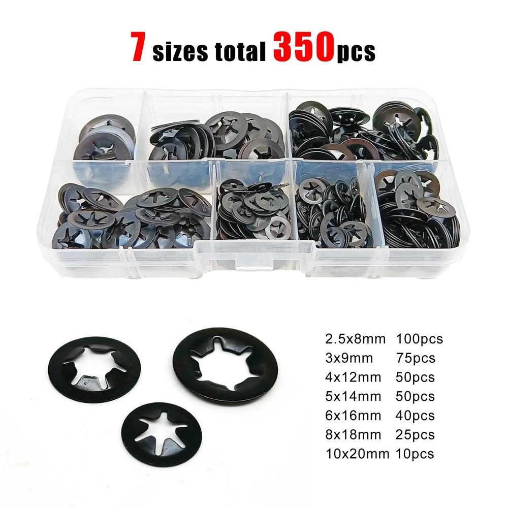 

350PCS Internal Tooth Washers Push on Speed Clips Fasteners Assortment Kit M2.5 M3 M4 M5 M6 M8 M10 External Circlip Self-Lock