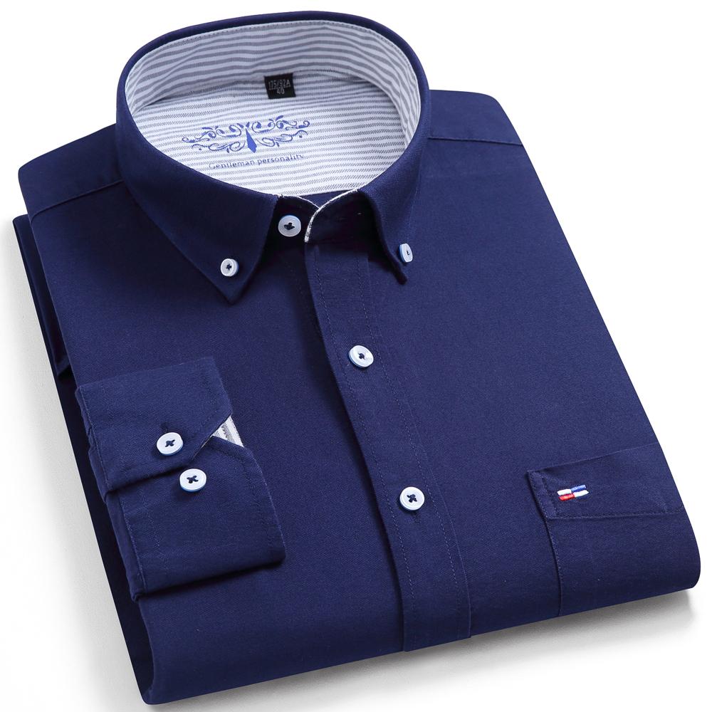 Men's Solid Oxford Long Sleeve Dress Shirts Patch Chest Pocket Regular Fit Spring Fall Smart Casual Button Down Shirts